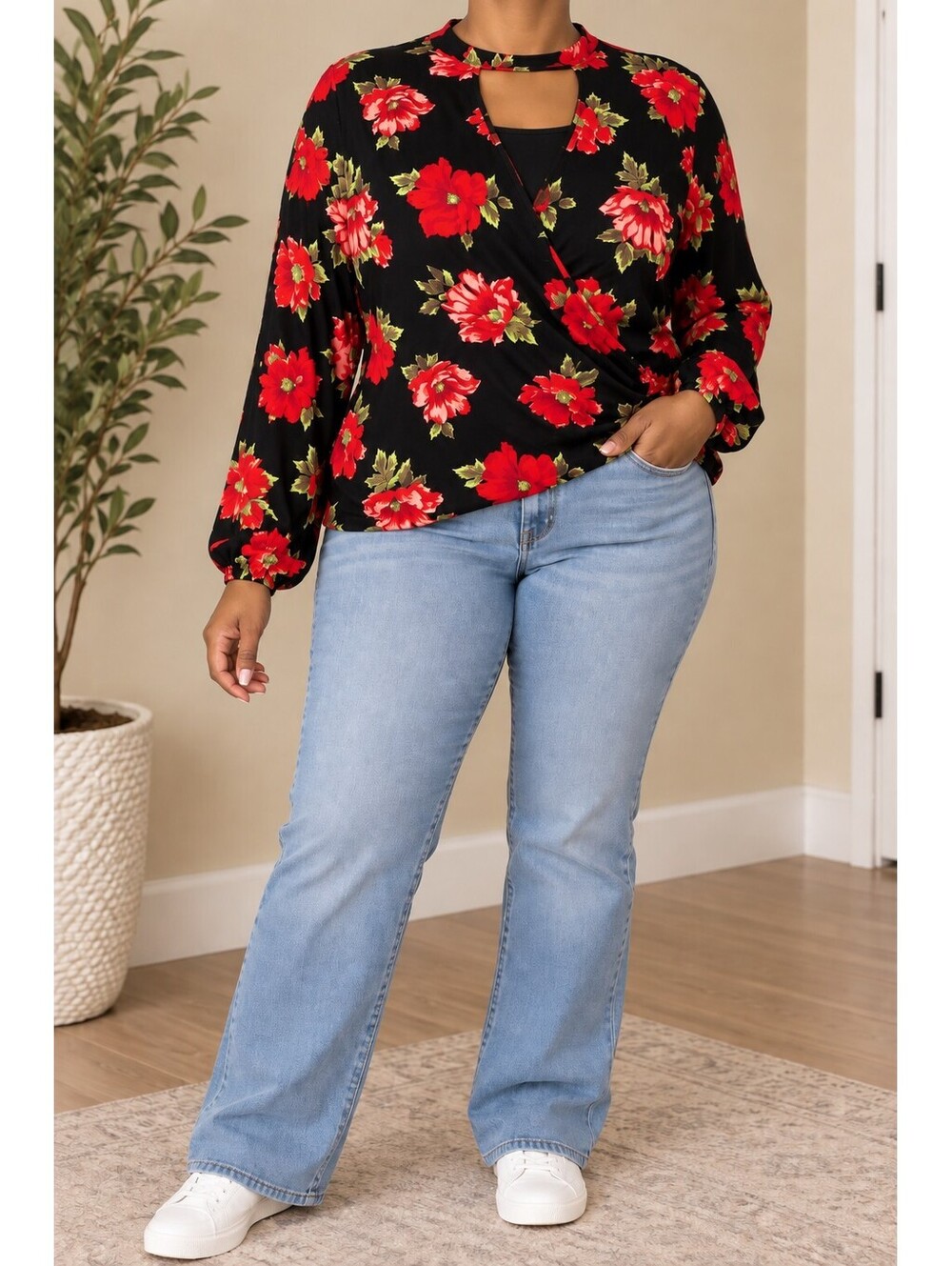 Forever 21 Plus 2X Black Red Floral Choker Neck Blouse Long Sleeve NWT